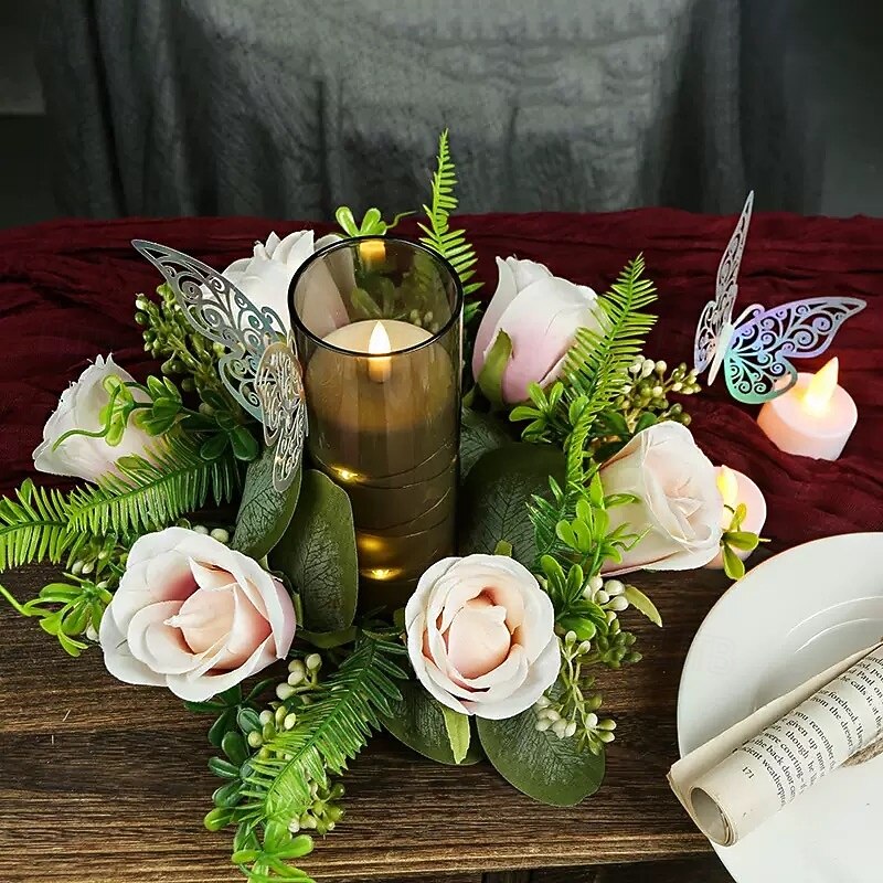 Artificial Rose Candle Ring Wreath, Floral Candlestick Decoration for Wedding, Table Centerpiece, Festival or European-Style Home Decor3