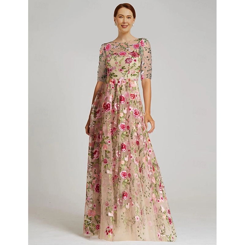 Floral Embroidered A-Line Mother of the Bride Dress Formal Elegant Vintage Illusion Neck Floor Length Tulle Half Sleeve with Appliques Flower
