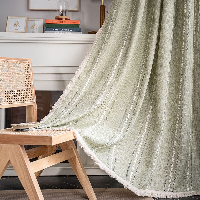 Semi Blackout Curtains Green, Pinch Pleat Curtain Panels Cotton Polyester Striped Embroidered 2 Panels Set Curtains for Living Room with Tassels