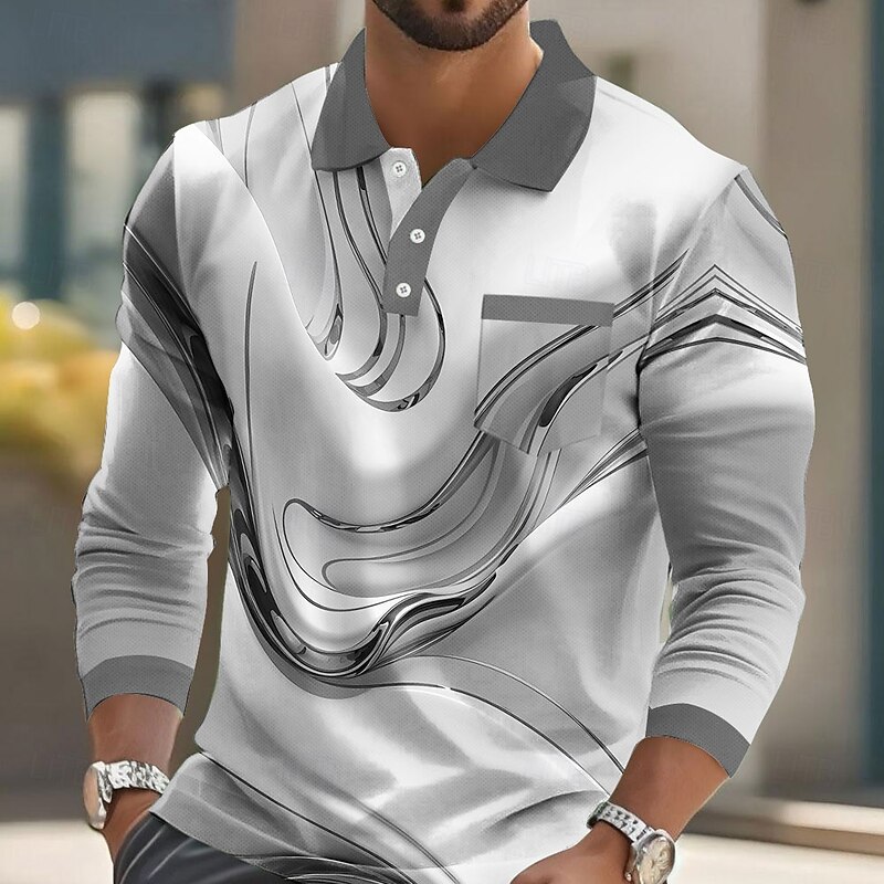 Men's Geometric Line Polo Long Sleeve Polo Shirts Collared Shirts Business Casual Business Athleisure Daily Wear Pocket 3D Print Buttons Spring Fall Winter Blue Gold Green4