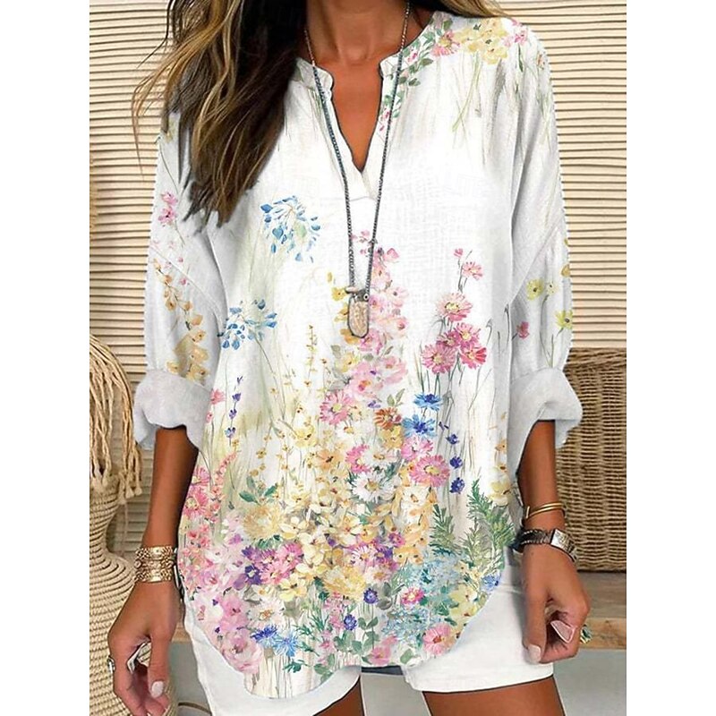 Women's Blouse Floral Stylish Modern Long Sleeve V Neck Regular Tops Daily Holiday Print White Pink Khaki Summer2