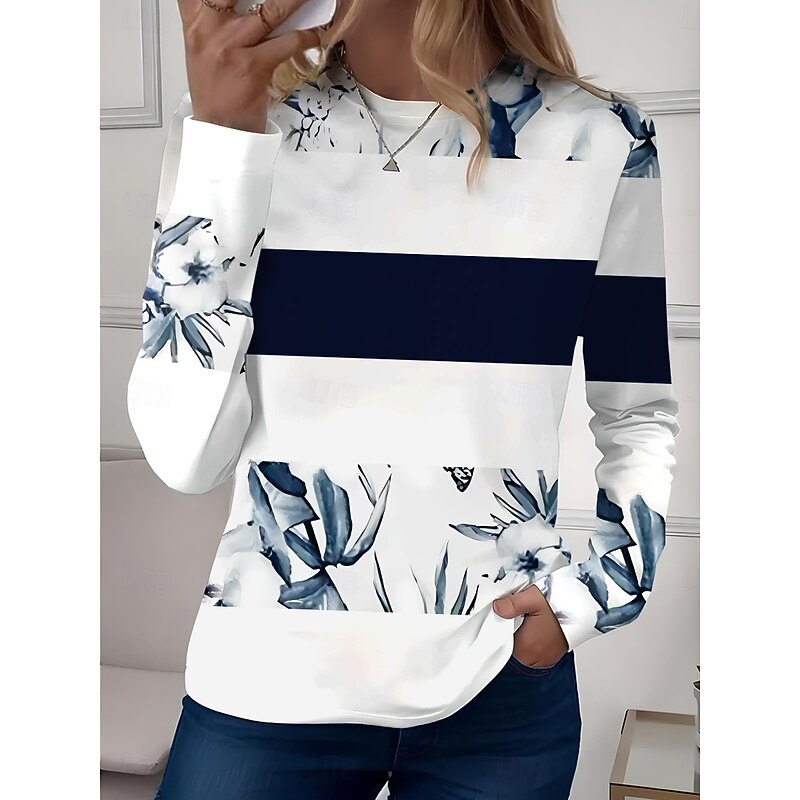 Women's T shirt Long Sleeve Crew Neck Long Sleeve Tunic Ocean Casual Regular Tops Daily Going out Weekend Print White / Black black+white+blue White Pink Red Prefall2