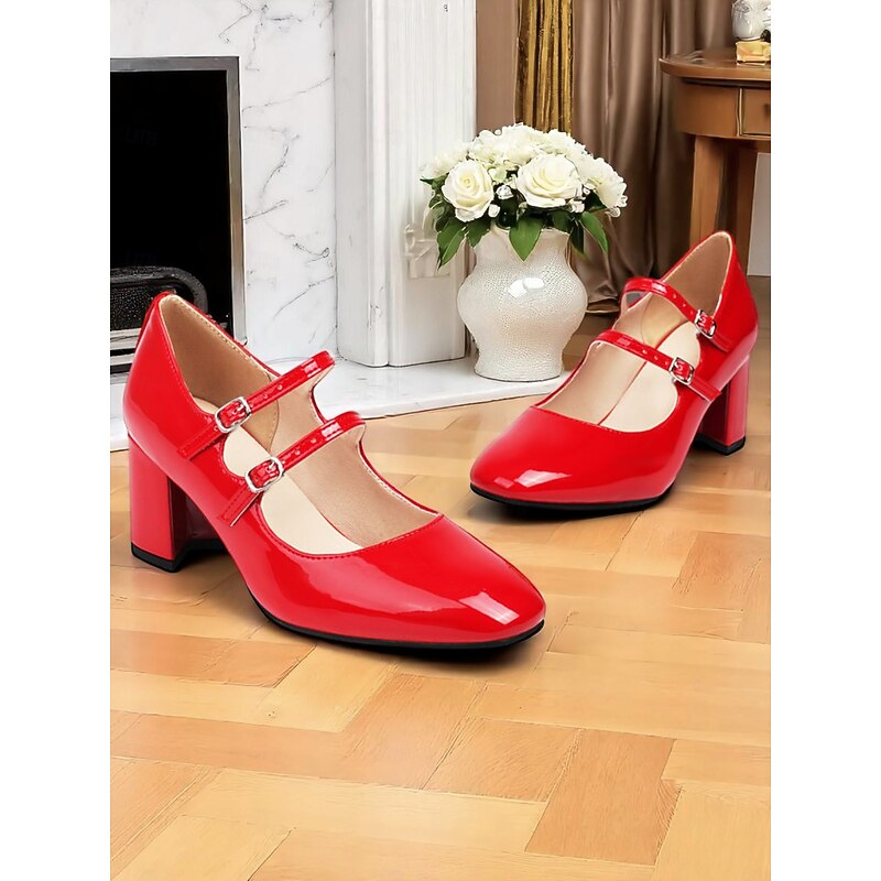 Women's Red Double-Strap Mary Jane Heels – 1950s Retro Patent Leather Pumps for Vintage Parties, Costumes, and Dance Events