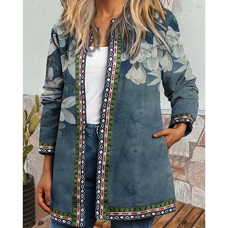 Women's Dressy Dusters Dressy Jackets Casual Jacket Street Going out Fall Winter Regular Coat Regular Fit Warm Comfortable Fashion Modern Jacket Long Sleeve Floral Pocket Blue Dark Blue Dark Gray2