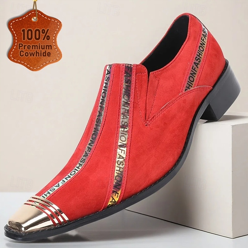 Men's Red Slip-On Leather Boots with Gold Tip Unique Printed Stripes–Modern Western Boots for Casual, Everyday Wear