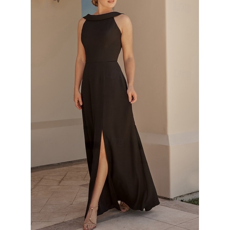 A-Line Wedding Guest Dresses Elegant Dress Wedding Guest Engagement Floor Length Sleeveless Crew Neck Stretch Crepe Cowl Back with Slit - Main Image