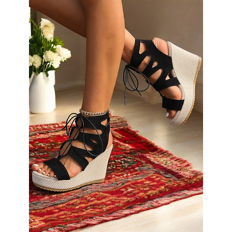 Women's Black Lace-Up Wedge Sandals with Espadrille Platform – Summer Casual Peep Toe Shoes for Beach Vacations, Outdoor Parties, and Daily Wear4
