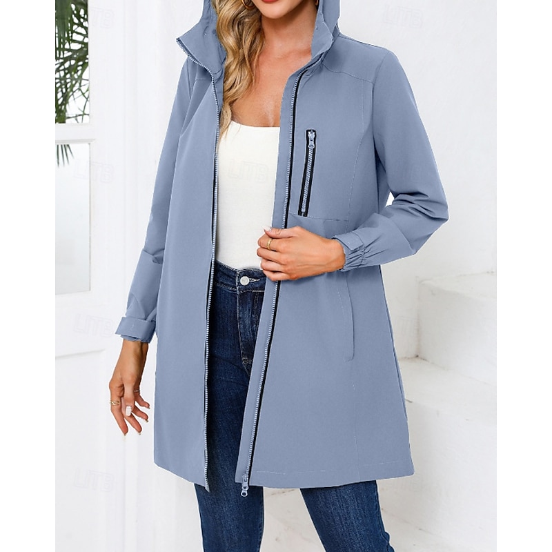 Women's Trench Coat Warm Comfortable Zipper Pocket Fashion Plain Street Going out Zipper Long Hooded Regular Fit Long Sleeve Outerwear Black Pink Sky Blue Fall Winter