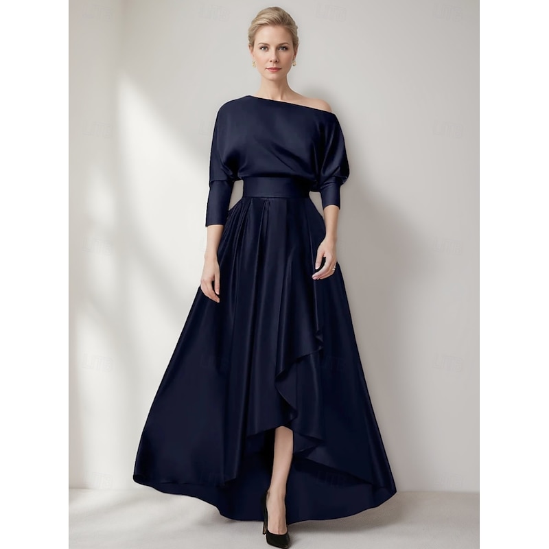 A-Line Mother of the Bride Evening Gown Elegant Dress Formal Wedding Asymmetrical Long Sleeve One Shoulder Pocket Satin with Ruffles Slit