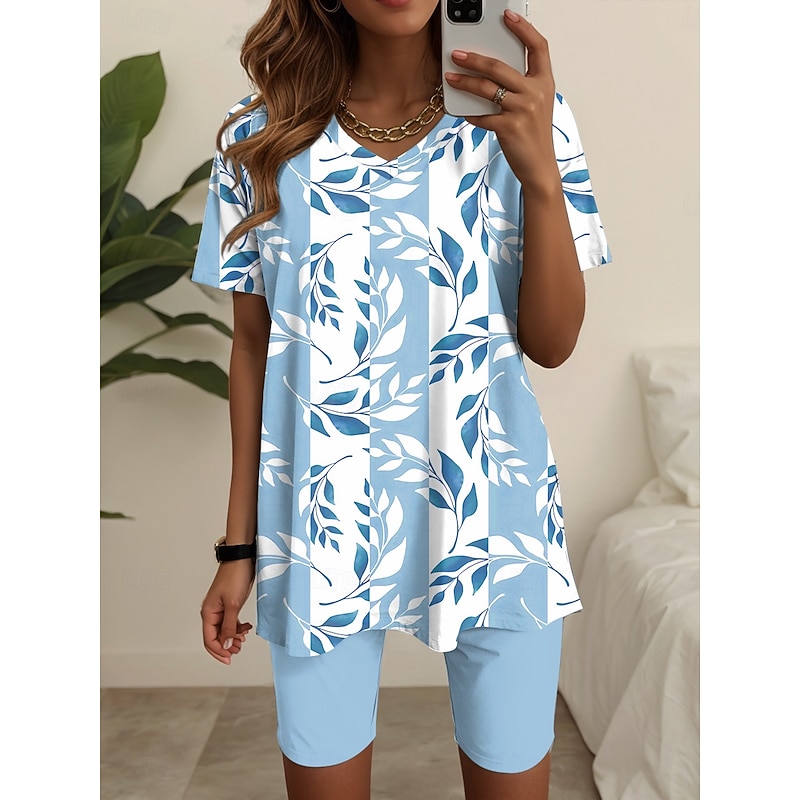 Women's Fashion T Shirt Shorts Sets Short Sleeve V Neck Floral Graphic Print Casual Daily Blue Purple Green Summer Regular Fit