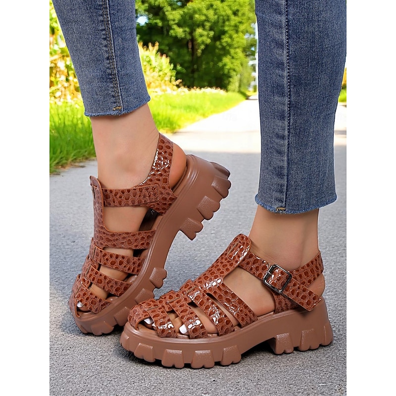 Women's Brown Chunky Gladiator Sandals – Retro Croc Embossed Open-Toe Platform Shoes for Ladies, Perfect for Outdoor Adventures, Festivals and Weekend Style