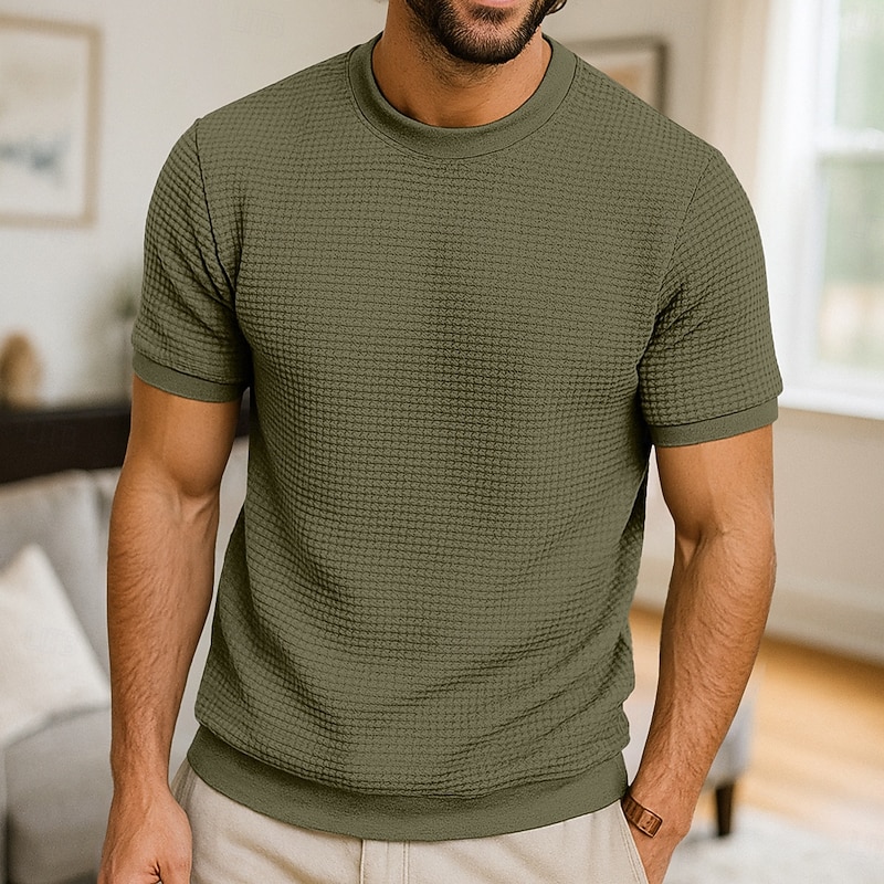 Men's Waffle Knit Tee Tee Top Short Sleeve Crew Neck Summer All Seasons Color Block Textured Fashion Designer Casual Buttons Basic Outdoor Casual Daily Army Green Dark Grey Black Top Tee for Men