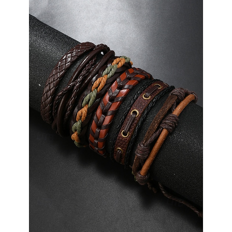 Men's Multi-Layer Leather Bracelet Set – Boho Woven Tribal Cuff Wristbands with Adjustable Fit for Casual Outfits and Music Festivals3