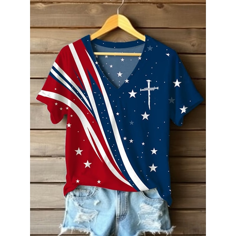 Women's Patriotic  T Shirt Graphic American Flag Vintage Stylish Classic Short Sleeve V Neck Regular Tops Daily Print White Summer Spring4