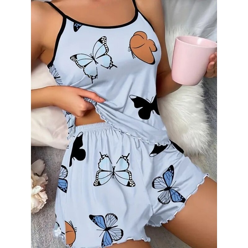 Women's Pajama Set Casual Comfort Butterfly Elastic Waist Strap Top Shorts Home Daily Long Sleeve Straps Pink Blue Beige Summer Regular Fit2