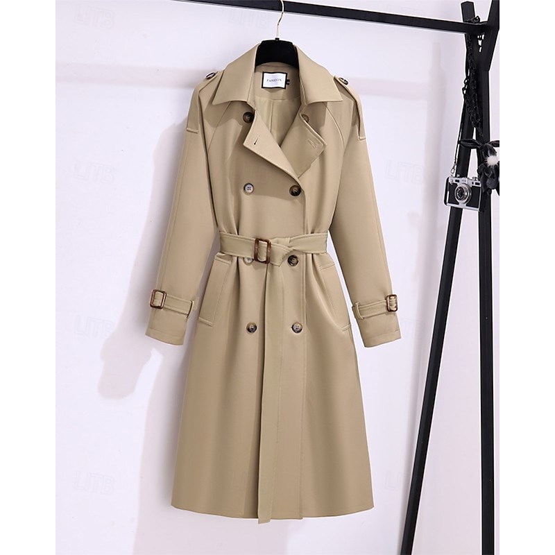 Women's Trench Coat Comfortable Buttons Pocket Fashion Modern Plain Going out Weekend Double Breasted Long Turndown Regular Fit Long Sleeve Outerwear Black Khaki Fall Winter2