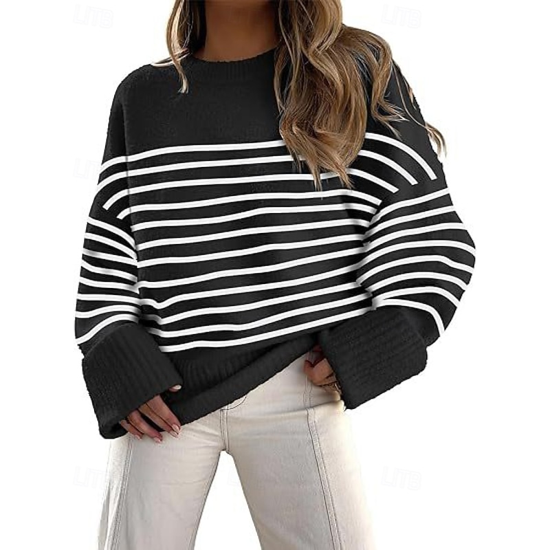 Women's Sweater Pullover Fashion Striped Ribbed Crew Neck Knitted Long Sleeve Regular Tops Knit Outdoor Going out Weekend Black White Fall
