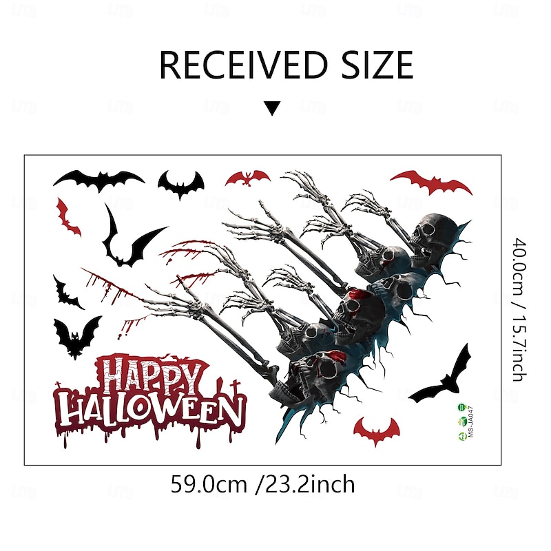 Halloween Wall Decal Sticker Spooky Hand, Skull, and Bat Design, Self-Adhesive Wall Decor for Living Room and Holiday Party3