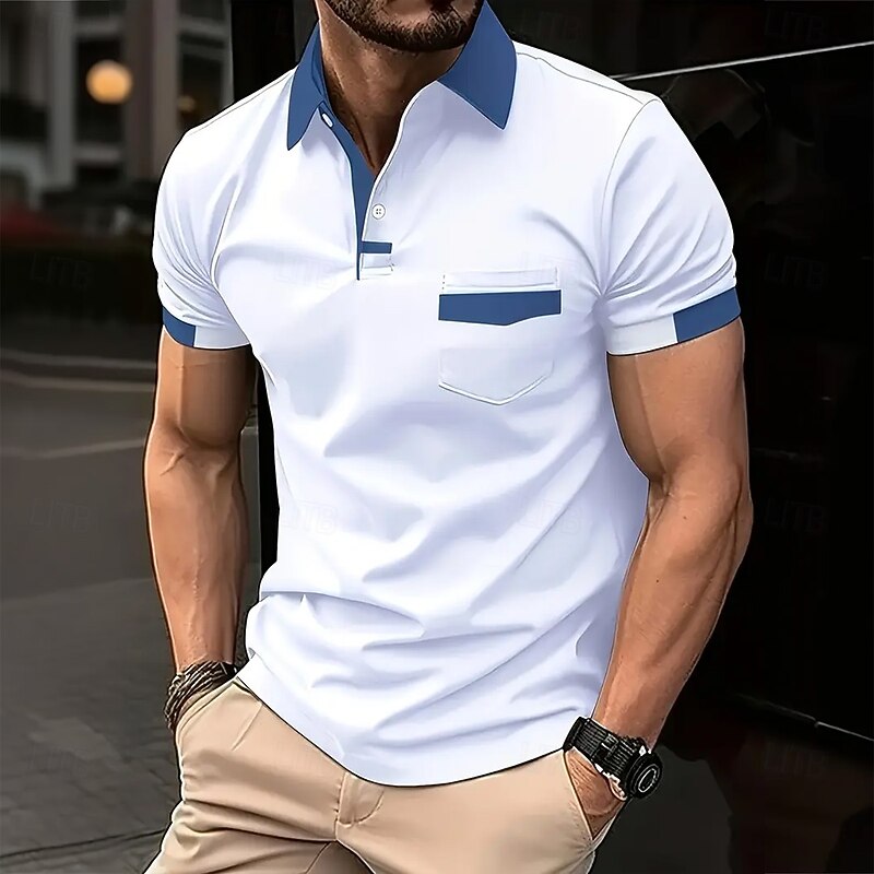 Men's Plain Golf Shirt Short Sleeve Polo Shirts Lapel Business Casual Business Athleisure Holiday Pocket Buttons Summer White Blue Brown
