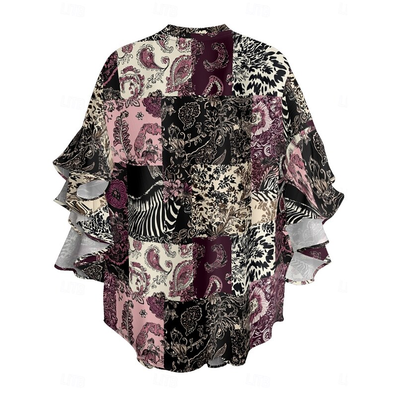 Women's Blouse Paisley Retro Vintage Ethnic 3/4 Length Sleeve V Neck Regular Tops Daily Holiday Ruffle Print Black Wine Purple Summer4