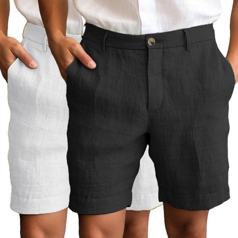 Men's Shorts Linen Shorts Dress Shorts Summer Shorts Beach Shorts Zipper Buttons Pocket Plain Comfort Breathable Knee Length Outdoor Daily Going out Fashion Classic Style Black+Grey White+Green3