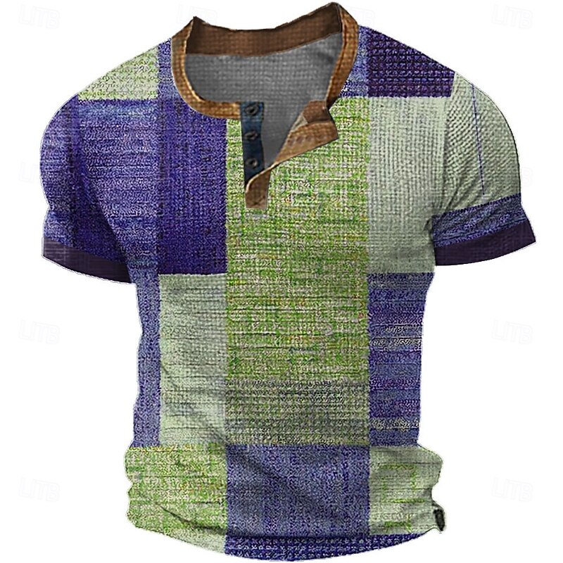 Men's Patchwork Henley Shirt Waffle T Shirt Short Sleeve Daily Retro Vintage Classic Sports Outdoor Casual Holiday Spring & Summer All Seasons Green Blue Brown Grey Henley Henley T-Shirt3