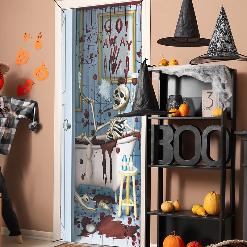 Halloween Door Covers Werewolf Skeleton Door Tapestry Door Curtain Decoration Backdrop Door Banner for Front Door Farmhouse Holiday Party Indoor Outdoor Decor Supplies2