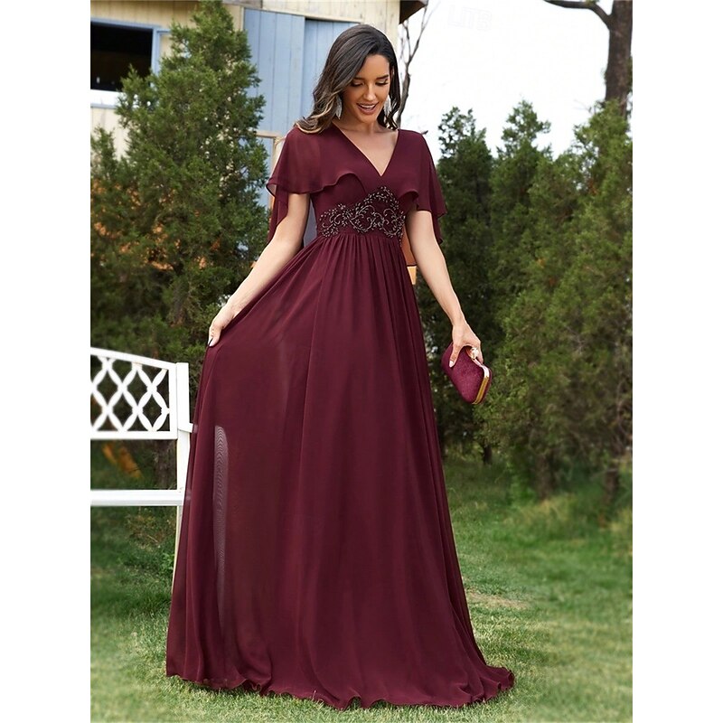 A-Line Quinceanera Dresses Elegant Dress Formal Wedding Floor Length Short Sleeve V Neck Chiffon Backless with Pleats Appliques3