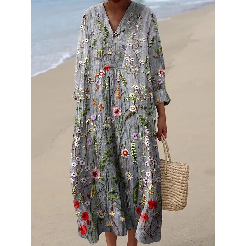 Women's Midi Dress V Neck Long Sleeve Kaftan Lightweight Loose Fit A Line Dress Casual Boho Party Going out Floral Graphic Abstract Long Sleeve V Neck Ash White Yellow Pink2