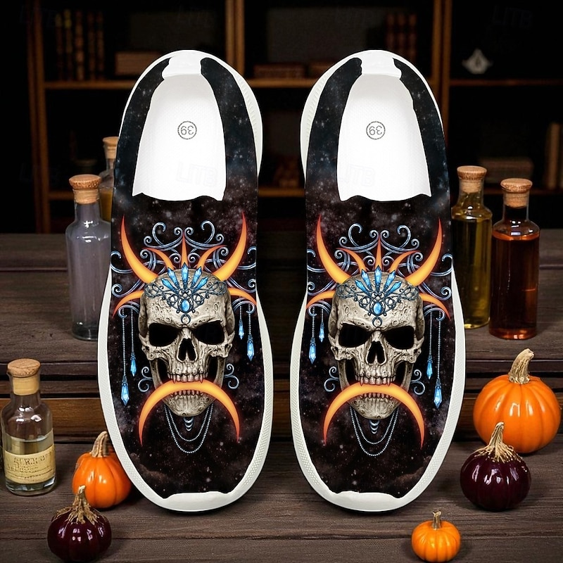 Women's Halloween Slip-On Sneakers – Black Flyknit Comfort Shoes with Vampire Lips and Skull Print for Costume Parties, Trick-or-Treating and Casual Fall Wear Sarah Richter