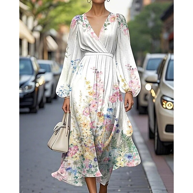 Women's Midi Dress Casual Dress Print Dress Elegant Fashion Outdoor Party Holiday Regular Fit Flower Long Sleeve V Neck White Pink Beige Summer Spring3