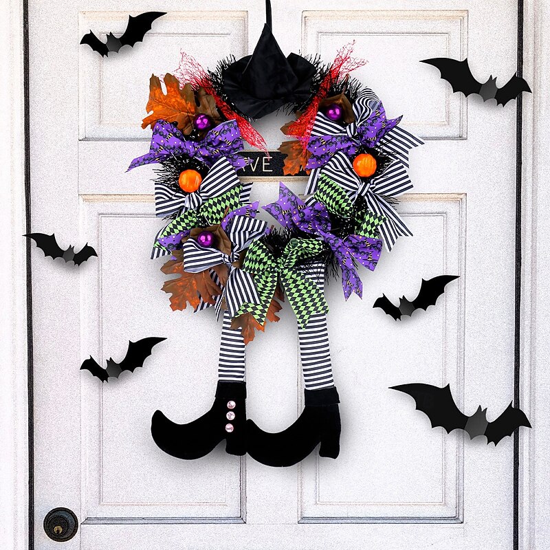 Halloween Wreaths for Front Door Indoor Outdoor Farmhouse Decoration, Witch Hat Long Leg Pumpkin Wreath Hanging Prop for Haunted House Spooky Decor
