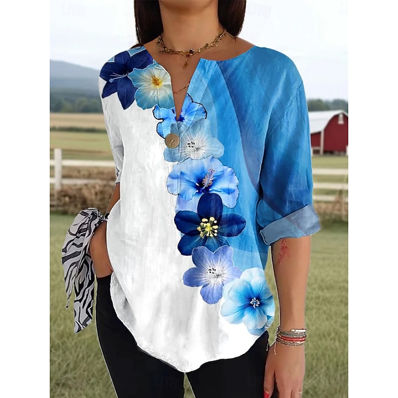 Women's Shirt Long Sleeve  V Neck Floral Graphic Vintage Tropical Hawaiian 3/4 Length Sleeve Crew Neck Regular Tops Daily Holiday Beach Wear Print White Pink Royal Blue Purple Green Summer Spring3