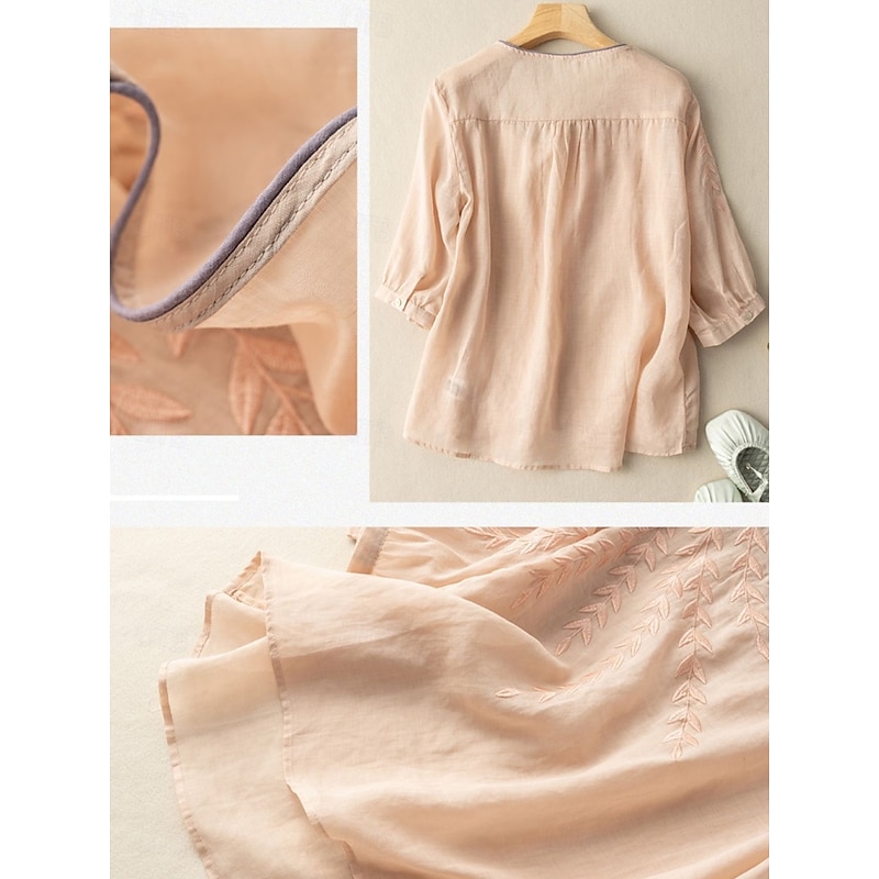 Women's Cotton Linen Shirts Floral Basic Casual 3/4 Length Sleeve Crew Neck Regular Tops Daily Embroidered Black Yellow Pink Blue Summer2