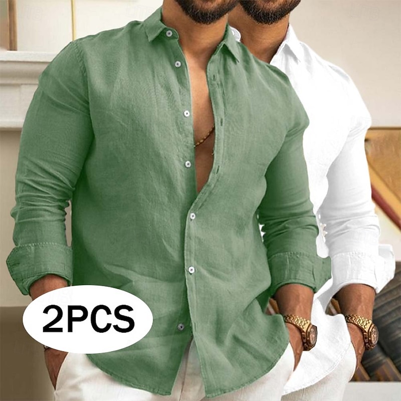 Men's Linen Shirt Summer Shirt Beach Wear Casual Shirt Button Up Shirt Plain Vacation Daily White+Green Green+Khaki Gray+Khaki Pink+Navy Blue Long Sleeve Lapel Summer Spring Clothing Apparel