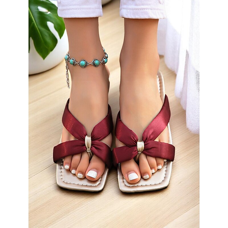 Women's Burgundy Bowknot Satin Strap Flip-Flop Sandals, Square-Toe, Soft Footbed, Casual Chic Style for Daily Wear, Backyard Party, Picnic or Date Outfits4