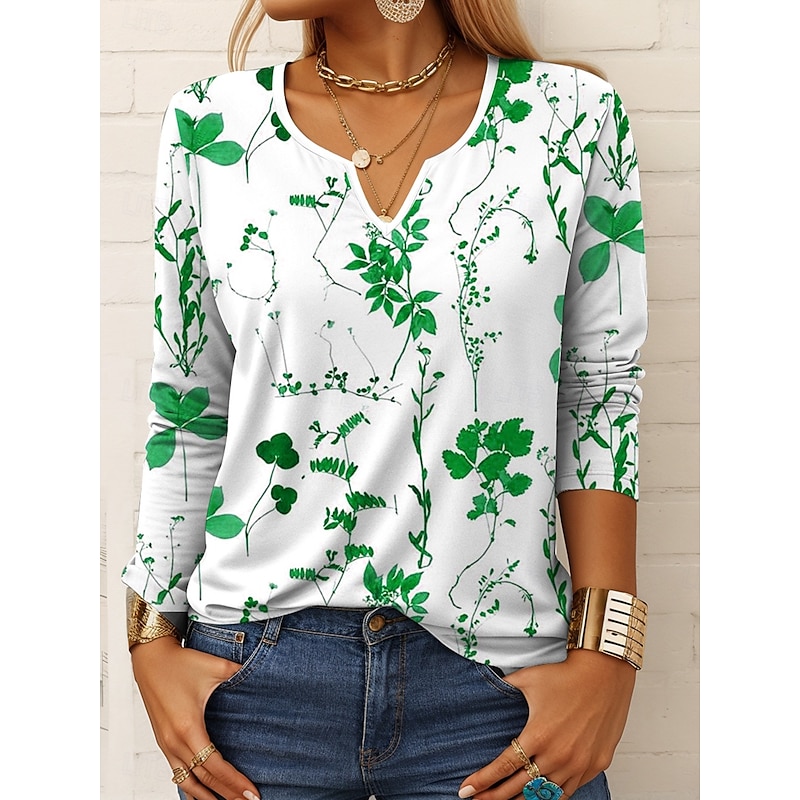 Women's T Shirt Graphic Plants Stylish Casual Long Sleeve Notched Neck Regular Tops Daily Weekend 3D Print Print Yellow Blue Purple Green Spring Fall4