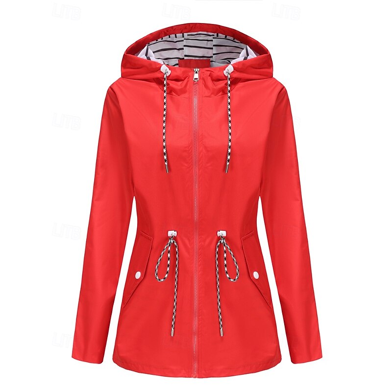 Women's Trench Coat Waterproof Warm Zipper Pocket Fashion Outdoor Plain Holiday Going out Zipper Regular Hooded Regular Fit Long Sleeve Outerwear Black Red Green Fall Winter2