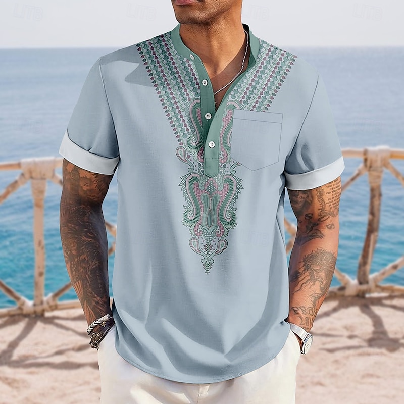 Men's Boho Paisley Damask Shirt Henley Shirt Stand Collar Shirt Short Sleeve Ethnic Vacation Daily Summer Spring Mandarin Collar Band Collar Buttons Front One Pocket Linen Like Shirt Blue Khaki