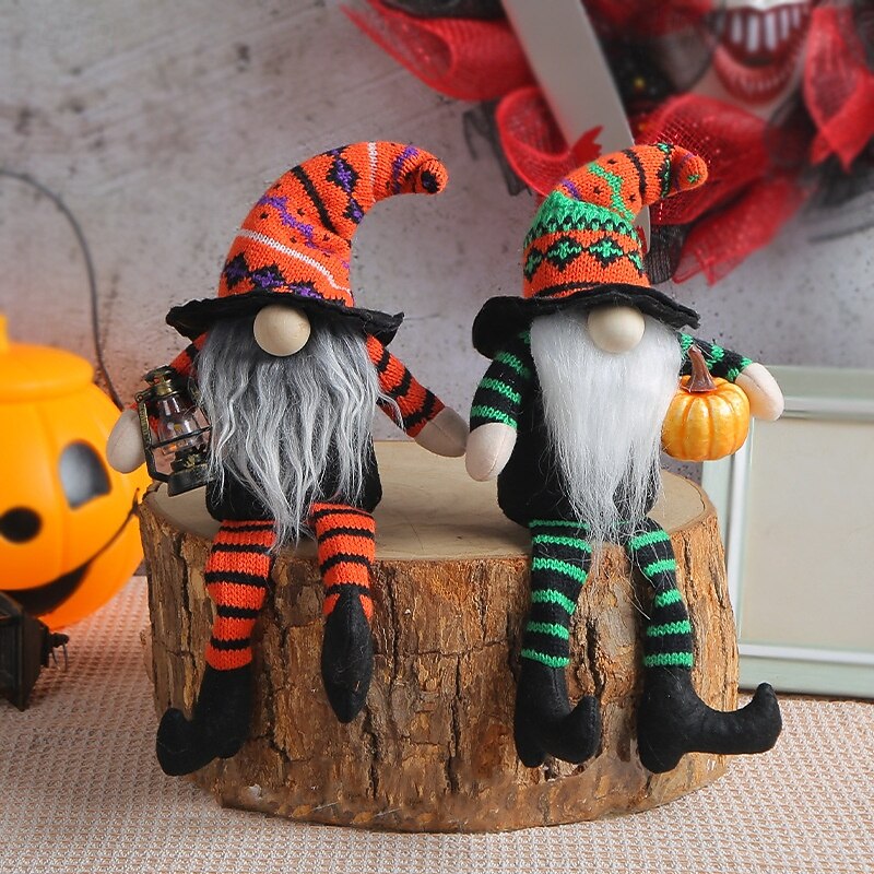 Halloween Gnome with Broom and Witch Hat Doll, Striped Long Legs No-Face Doll, Spooky Ghost Festival Decoration Prop2