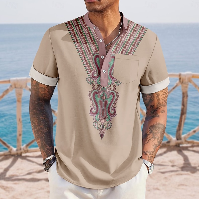 Men's Boho Paisley Damask Shirt Henley Shirt Stand Collar Shirt Short Sleeve Ethnic Vacation Daily Summer Spring Mandarin Collar Band Collar Buttons Front One Pocket Linen Like Shirt Blue Khaki2