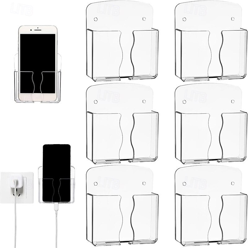 Wall Mounted Phone Holder Self Adhesive Cell Phone Stand with Charging Hole Acrylic Clear Remote Control Stand Bedside Organizer for Home Office