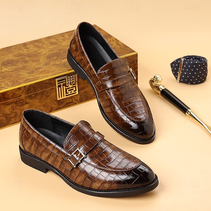 Men's Dark Brown Faux Leather Crocodile Pattern Loafers – Slip-On Business Casual Shoes for Office & Dinner Parties3