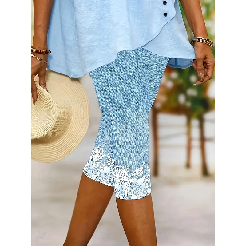 Women's Leggings Capri Pants High Elasticity Vacation Fashion Hawaiian Calf-Length Mid Waist Floral Graphic Printing Breathable Soft  Vacation Casual Daily Light Blue Summer Spring Regular Fit2