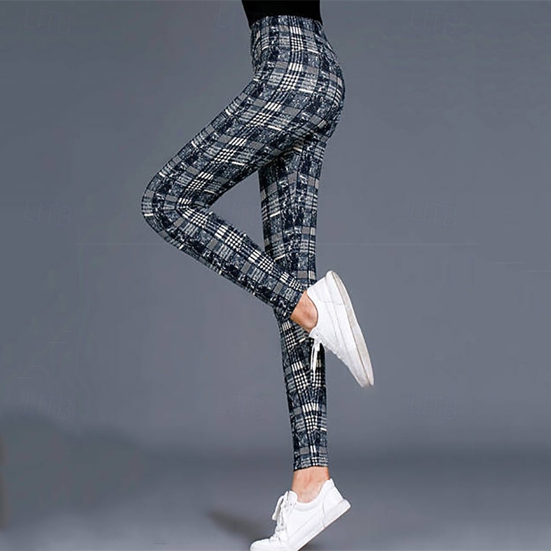 Women's Tights Leggings Cozy Leggings Streetwear Casual Full Length High Waist Plaid Elastic Waist Breathability Stretchy Vacation Street Daily Wear Magenta Dark red Wine Black Fall Regular Fit3