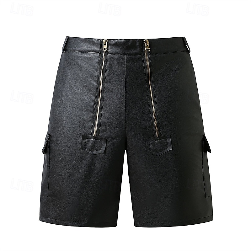 Men's Shorts Summer Shorts Casual Shorts Faux Leather Shorts Zipper Pocket Plain Comfort Breathable Short Outdoor Vacation Fashion Casual Black2