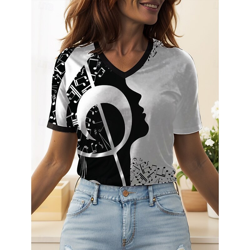 Music Festival Women's T Shirt Graphic Geometric Vintage Stylish Classic Short Sleeve V Neck Regular Tops Daily Going out Beach Wear Print Black and White White / Black Summer Spring4