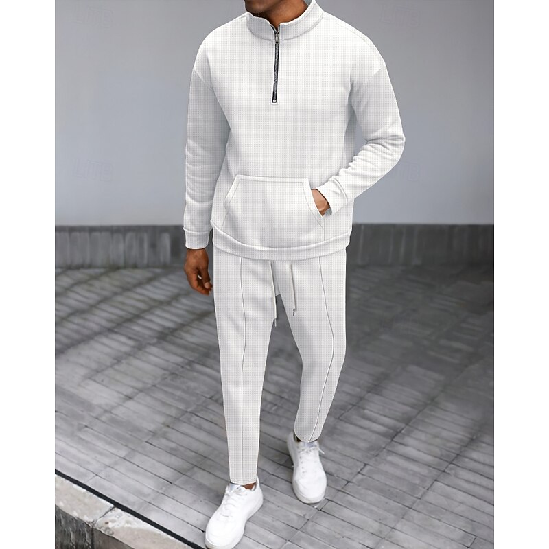 Men's Tracksuit Sweatpants Track Top Zipper Pocket Solid Colored Clothing Suit Fall Black White Gym Athleisure Running Windproof Long Sleeve Sport Activewear Stretchy Regular Fit3
