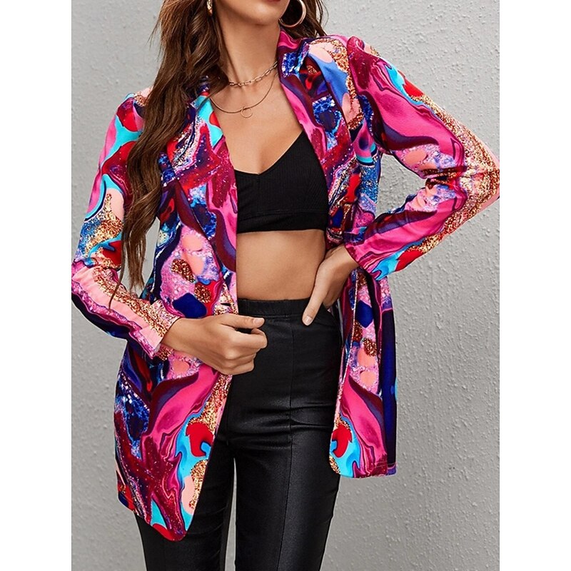 Women's Blazer Comfortable Breathable Print Modern Casual Geometric Office Street Casual Daily Wear Single Breasted Regular Turndown Loose Fit Long Sleeve Outerwear Blue Purple Fuchsia Summer Spring4