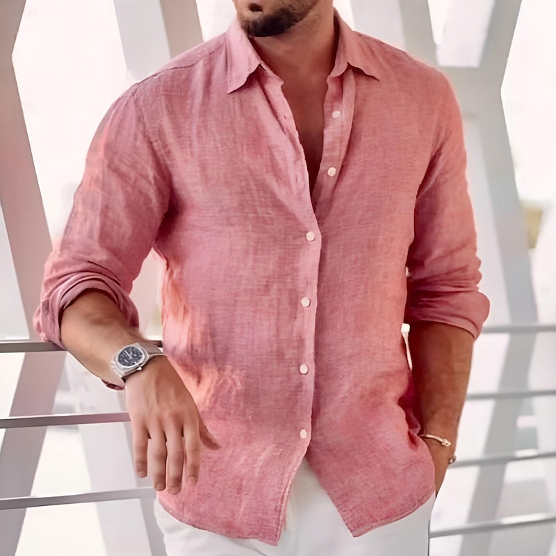 Men's Shirt Linen Shirt Summer Shirt Beach Wear Button Up Shirt Plain Daily Business Casual Black White Pink Blue Long Sleeve Collar Spring & Summer Clothing Apparel